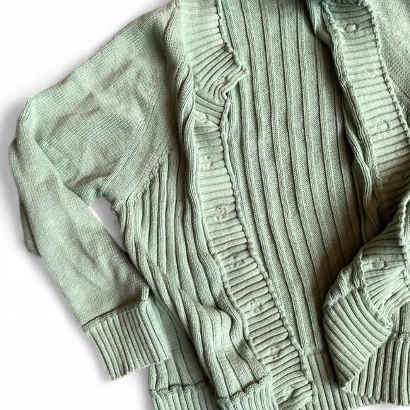 Women's Light Pistachio Green Ribbed -Knit Cotton Cardigan W/Buttons.M. - Picture 5 of 6